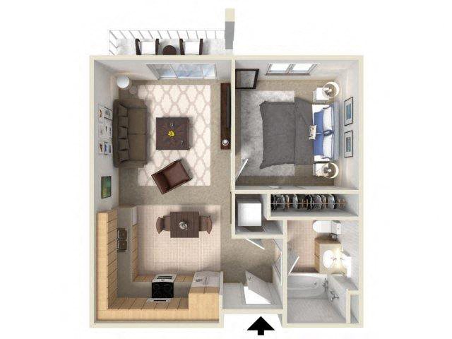 Floor plan for 1 bed, 1 bath, 594 sqft